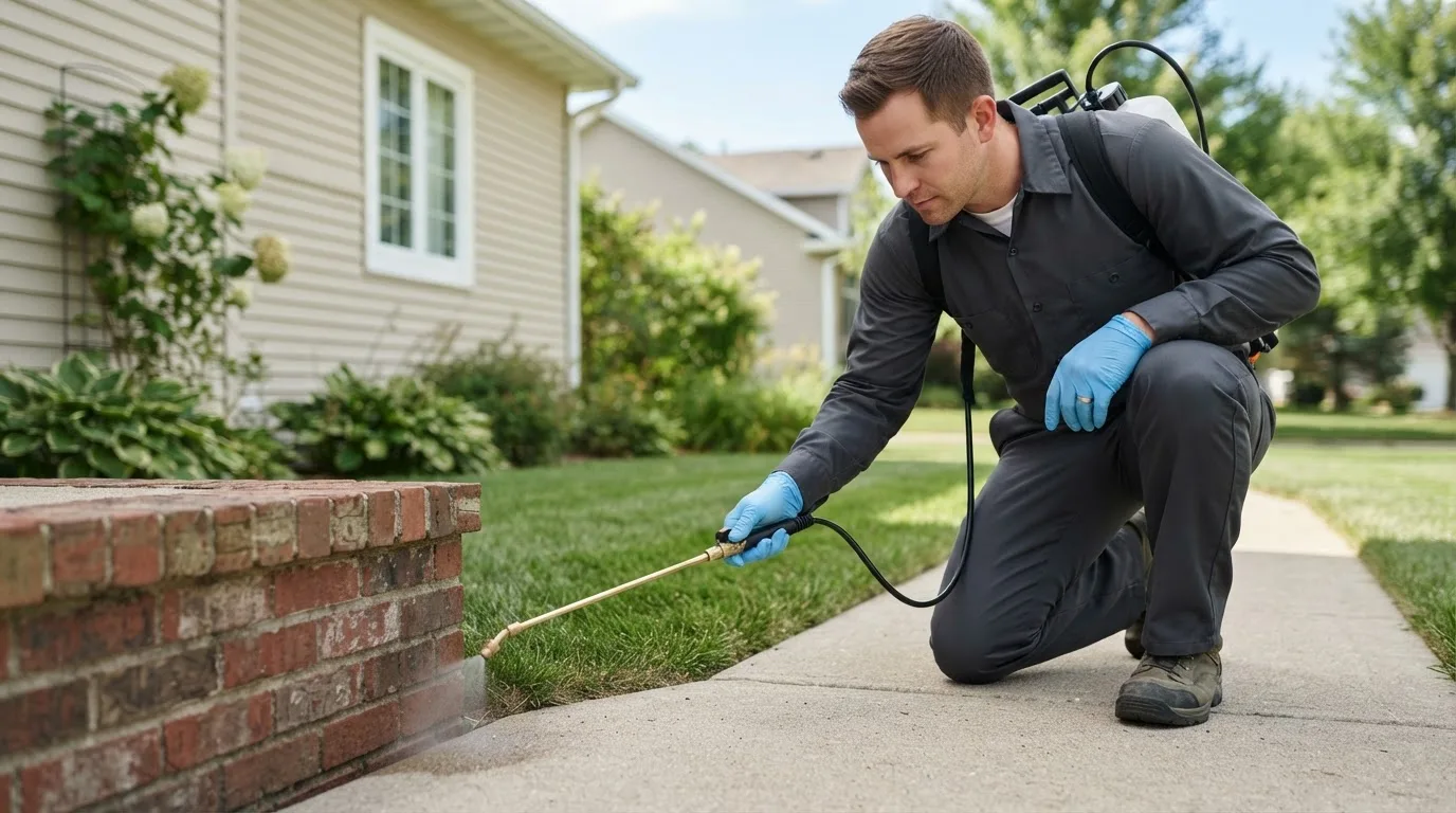 Pest control technician treating a home near Rochester, NY